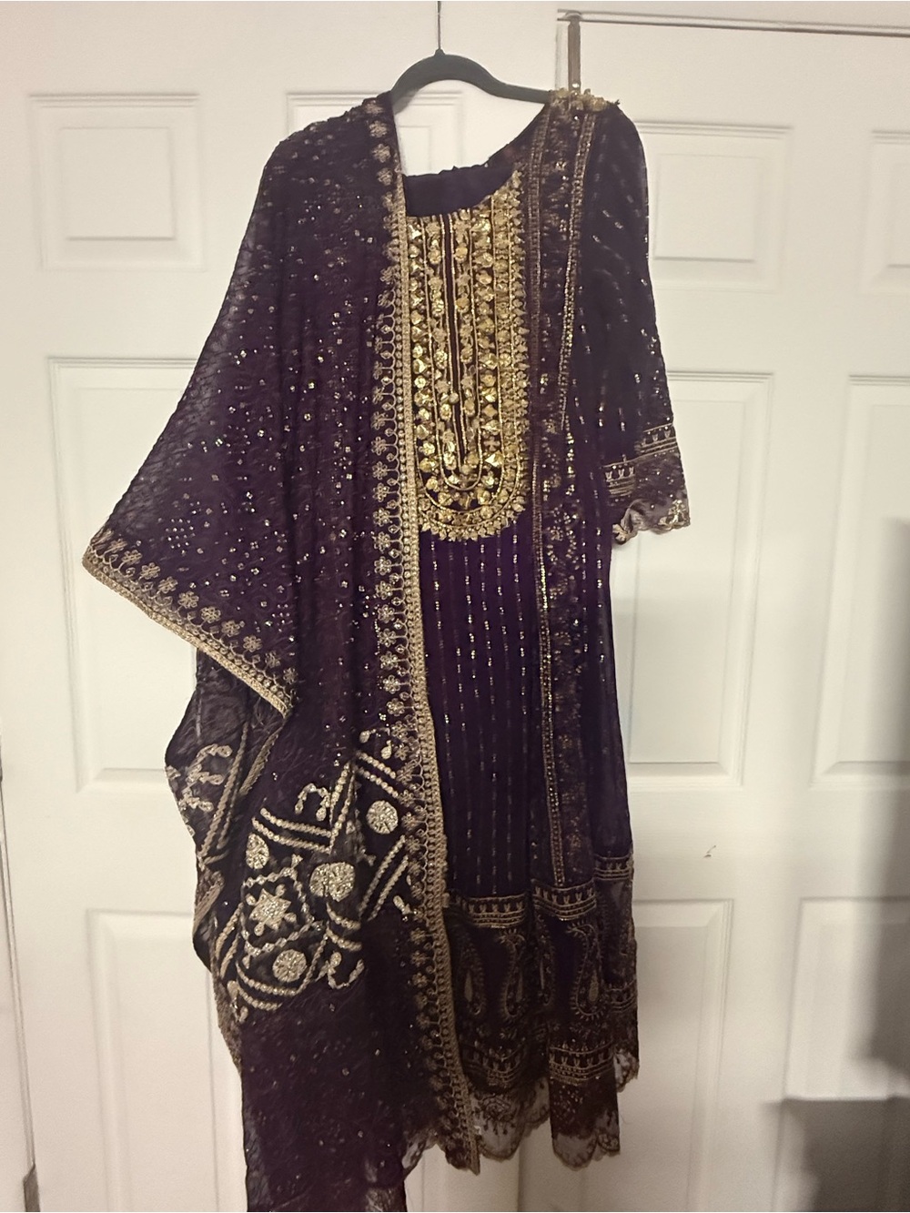 Embroidered Velvet Women's Dress in Deep Purple with Gold Accents
